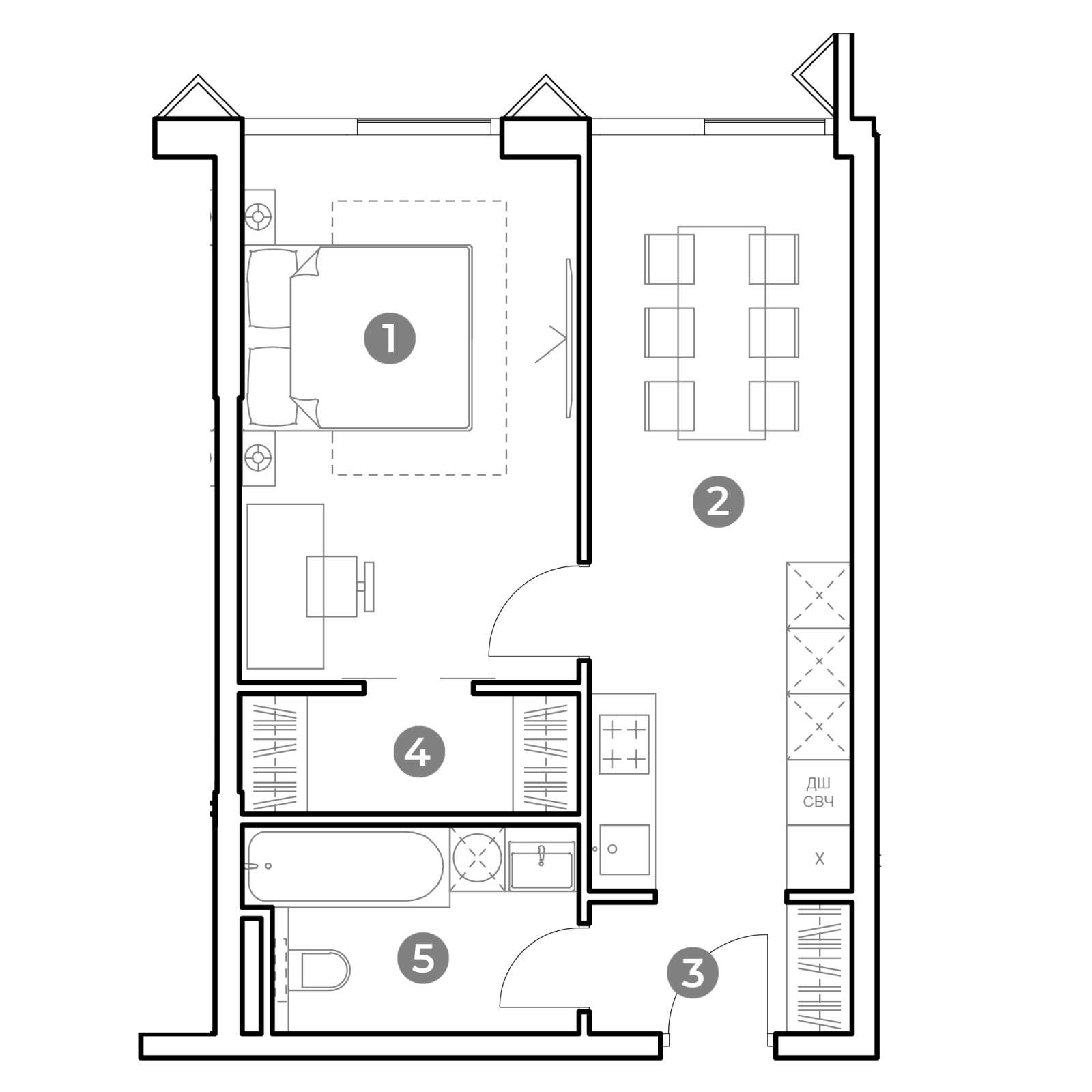 Планировка: 1-комнатная квартира, 44,3 м²