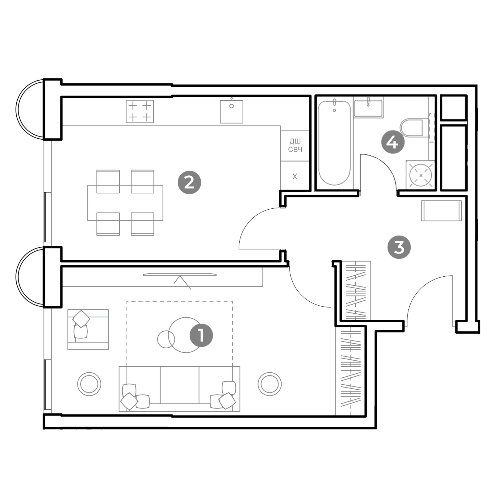 Планировка: 1-комнатная квартира, 46,4 м²