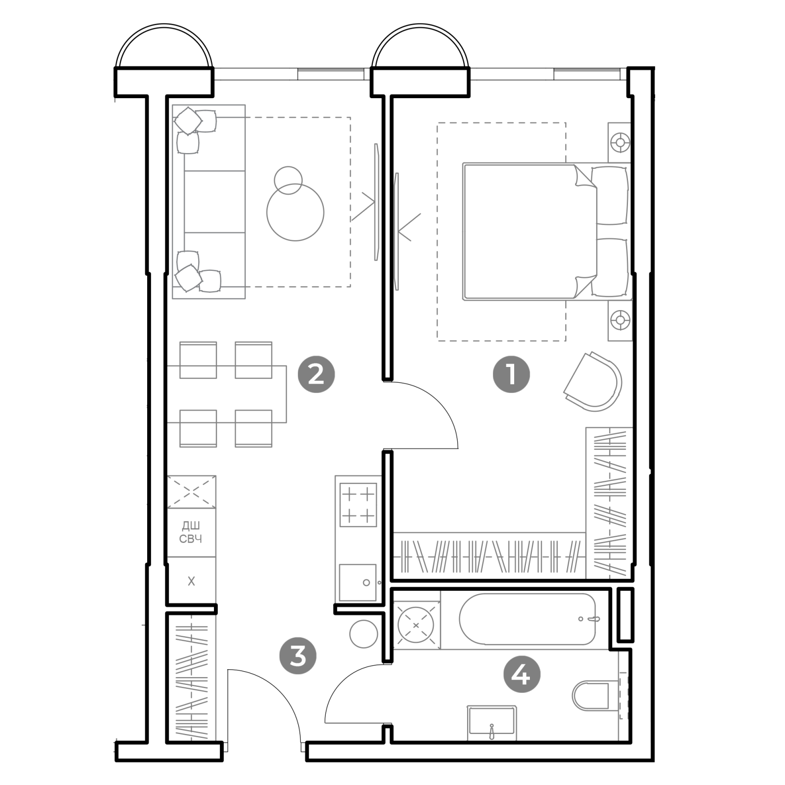 Планировка: 1-комнатная квартира, 45,1 м²