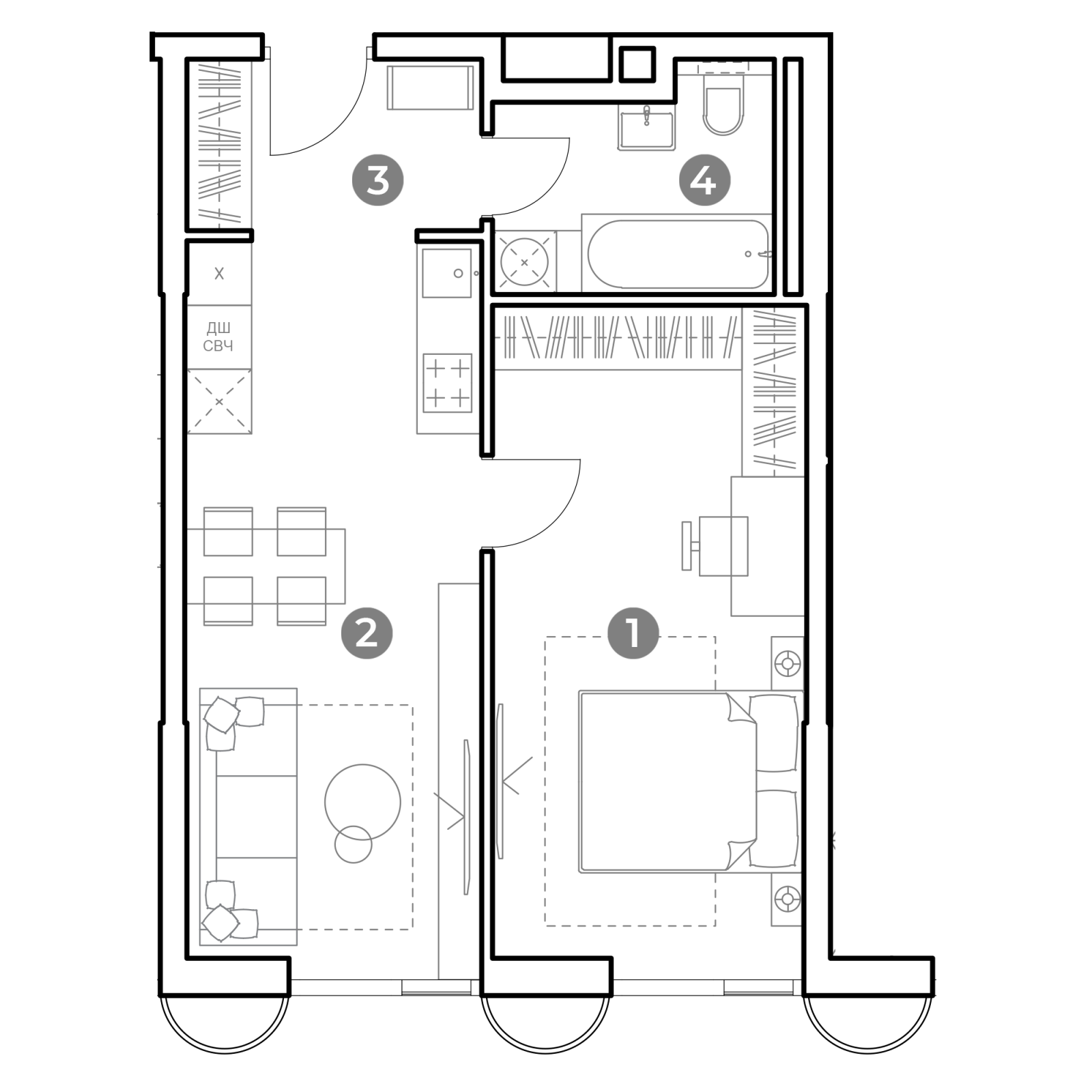 Планировка: 1-комнатная квартира, 46,6 м²