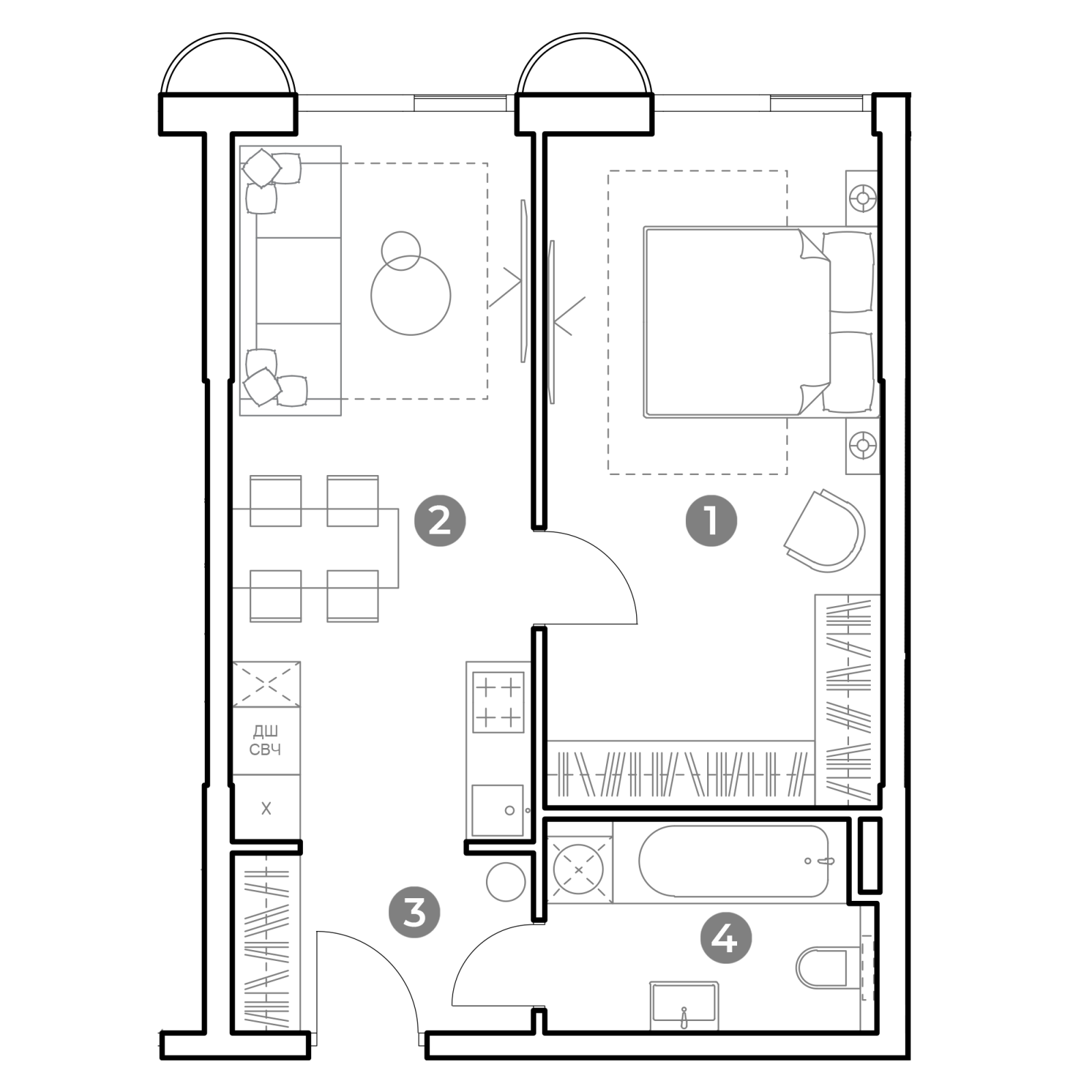 Планировка: 1-комнатная квартира, 45,2 м²