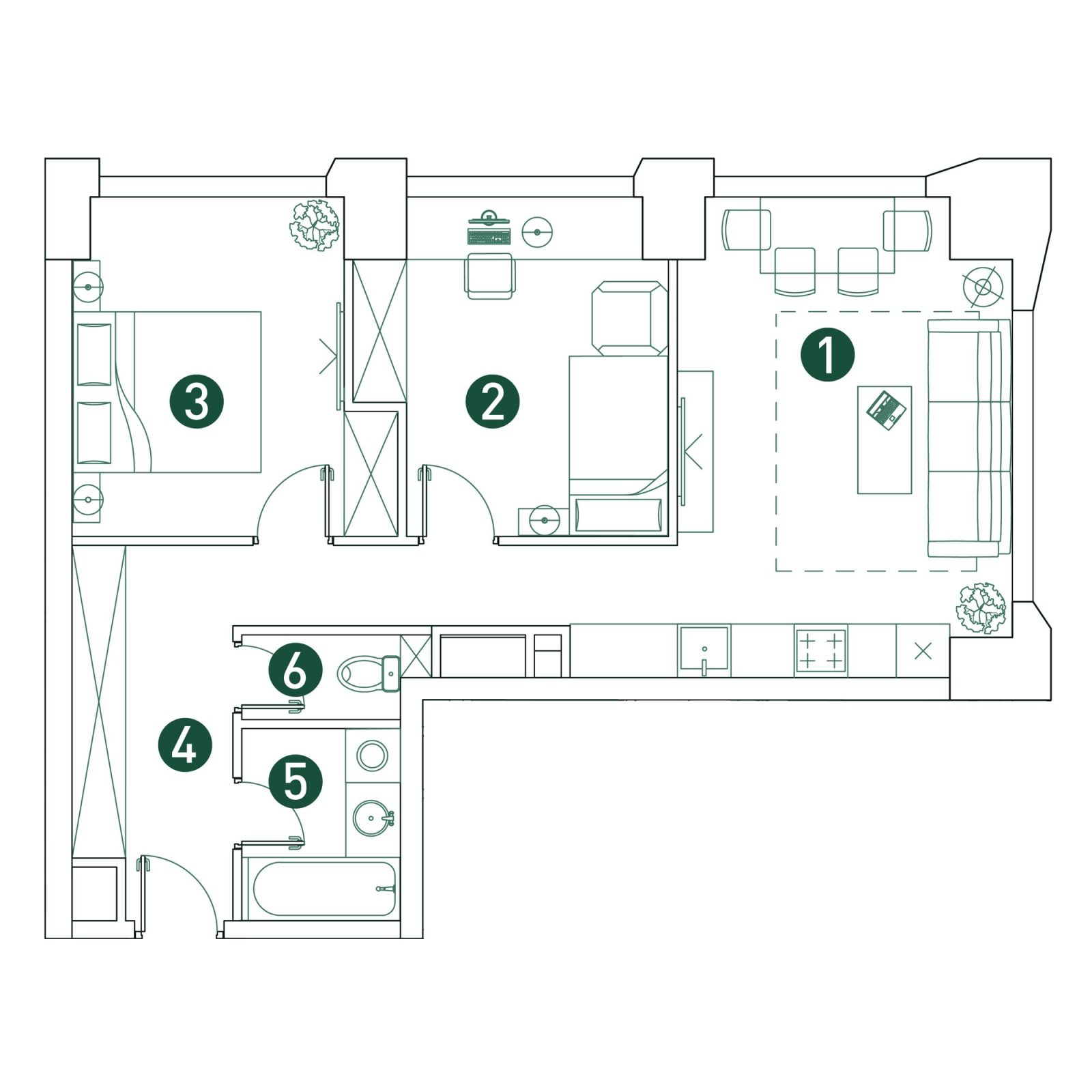 Планировка: 3-комнатная квартира, 61,8 м²