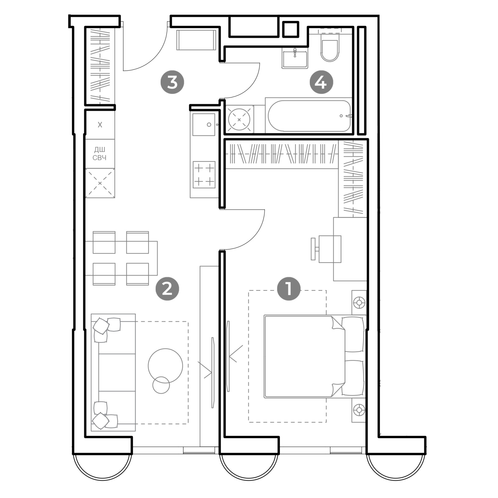 Планировка: 1-комнатная квартира, 46,6 м²