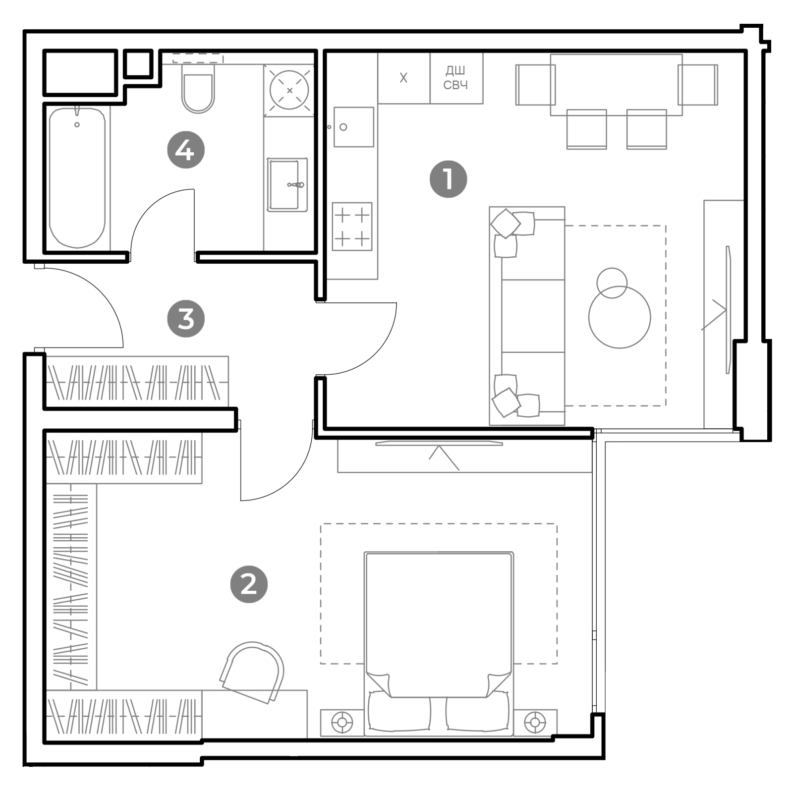 Планировка: 2-комнатная квартира, 54,2 м²