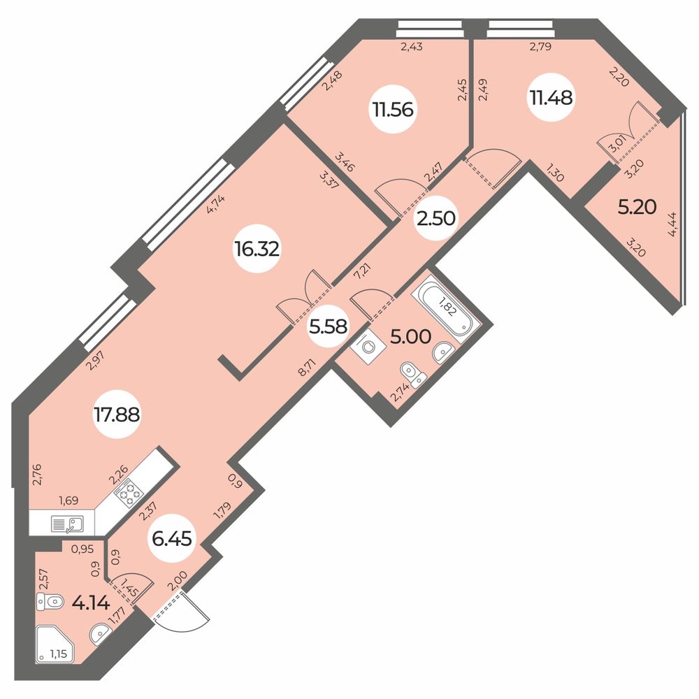 Планировка: 3-комнатная квартира, 83,5 м²
