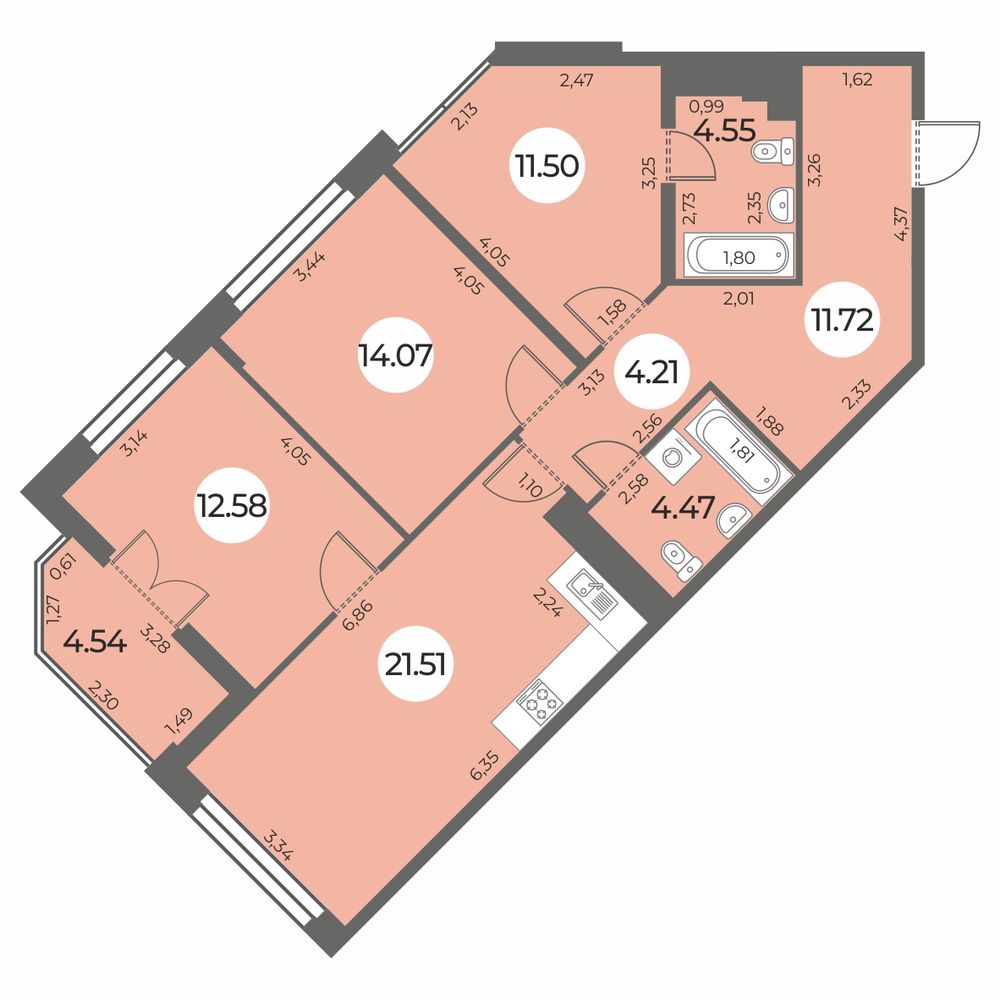 Планировка: 3-комнатная квартира, 86,9 м²