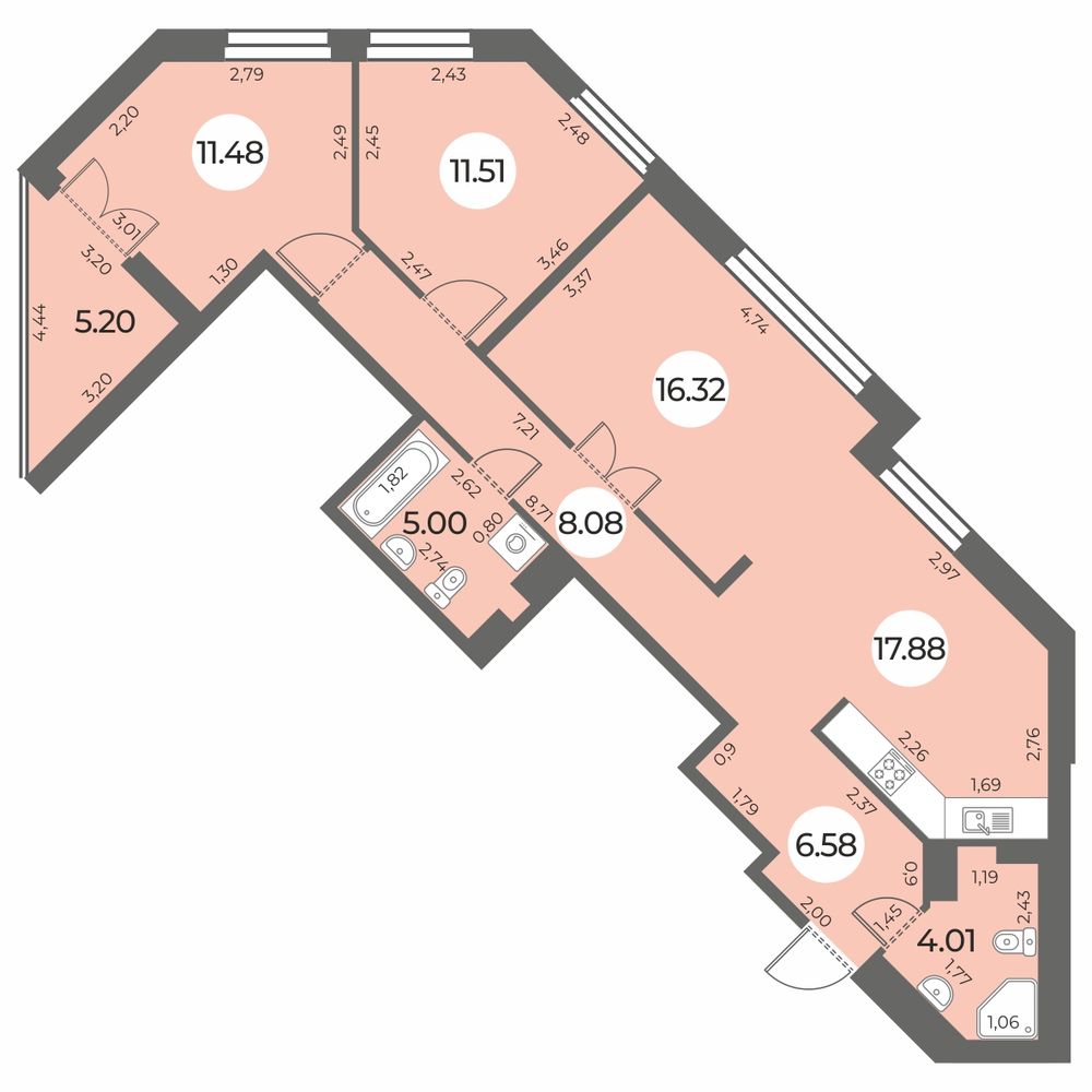 Планировка: 3-комнатная квартира, 83,5 м²