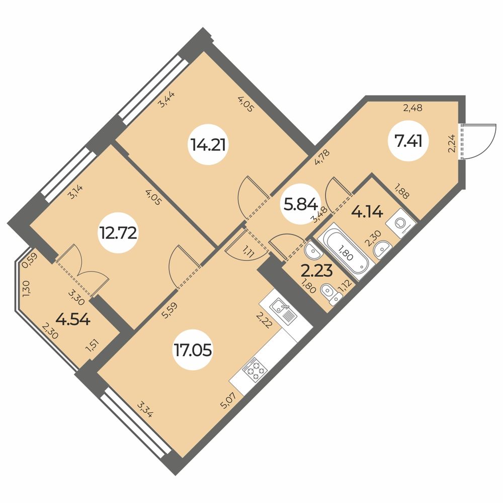 Планировка: 2-комнатная квартира, 65,9 м²