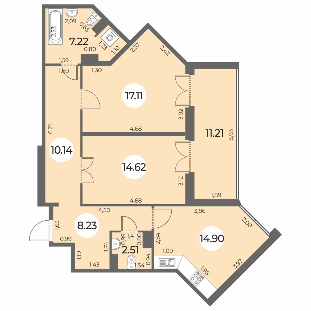 Планировка: 2-комнатная квартира, 80,3 м²