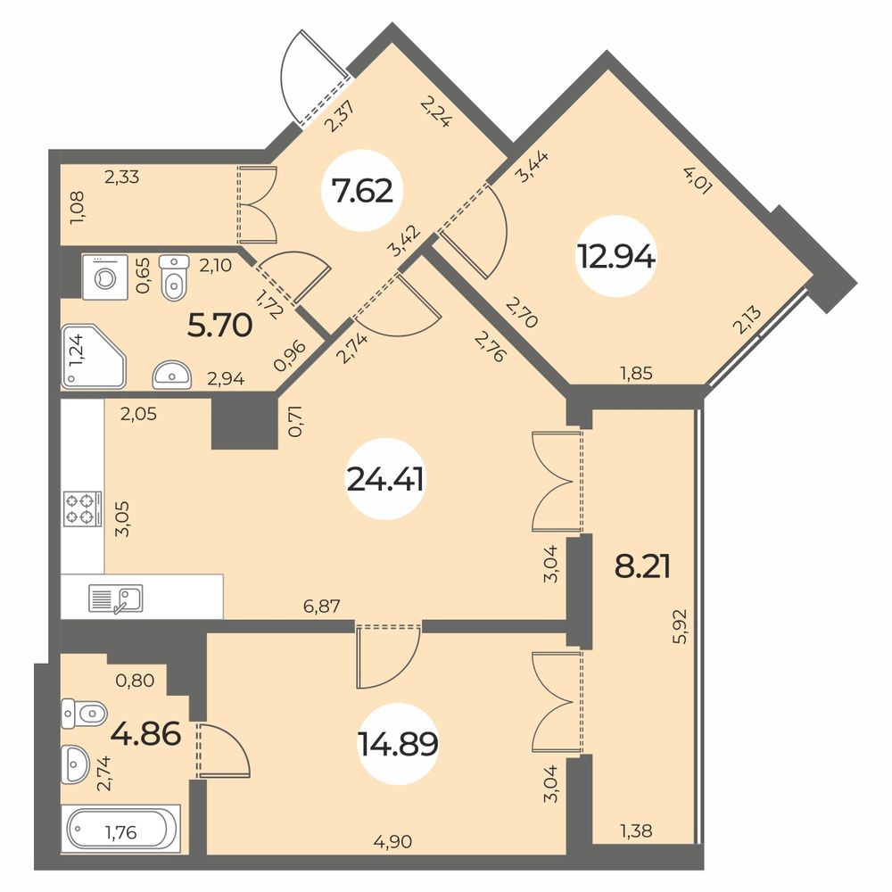 Планировка: 2-комнатная квартира, 74,5 м²