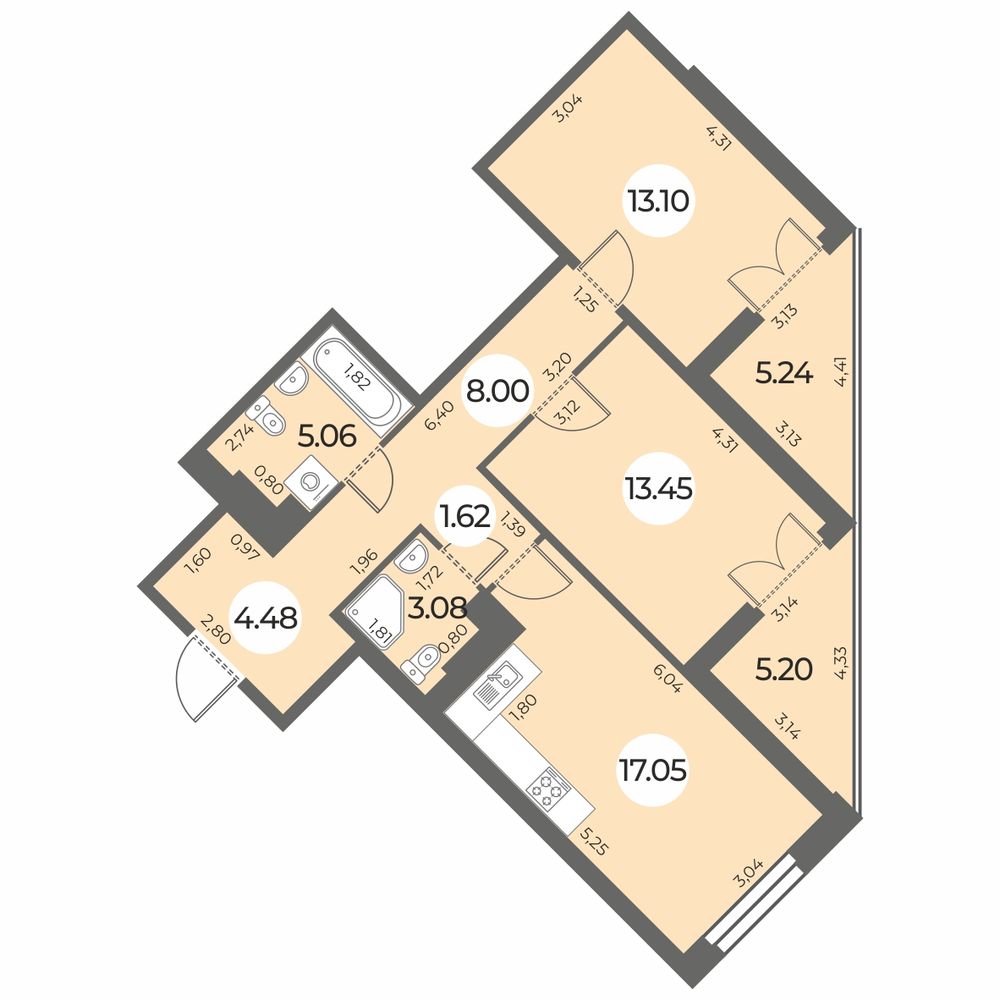 Планировка: 2-комнатная квартира, 71,1 м²