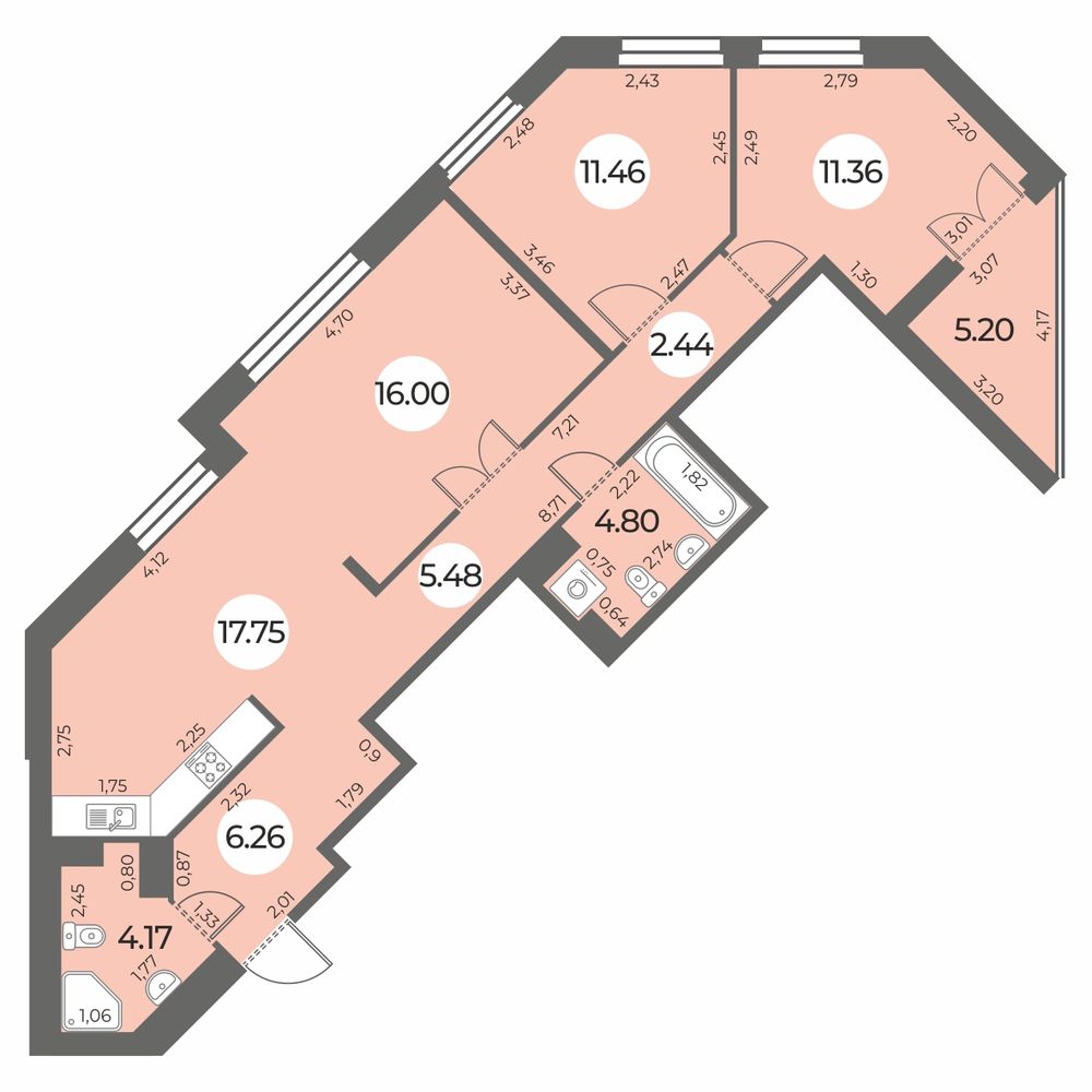 Планировка: 3-комнатная квартира, 82,3 м²
