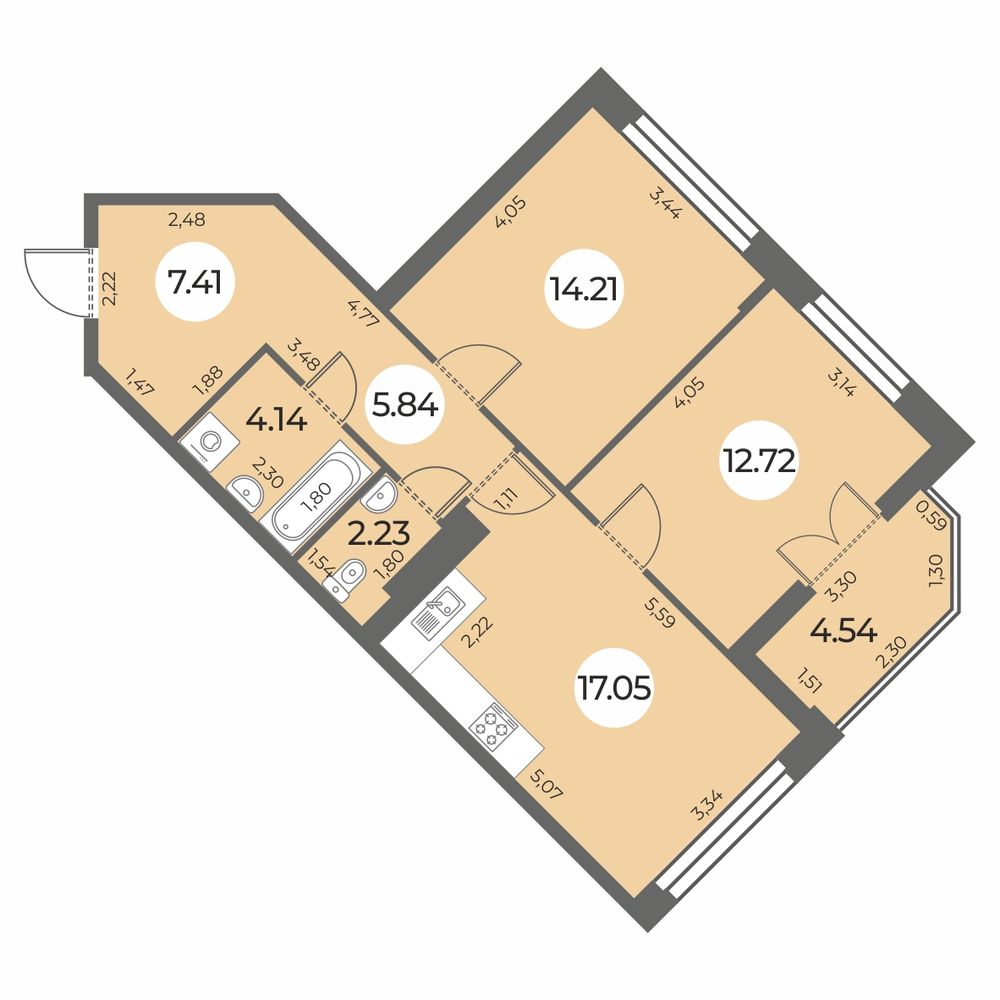 Планировка: 2-комнатная квартира, 65,9 м²