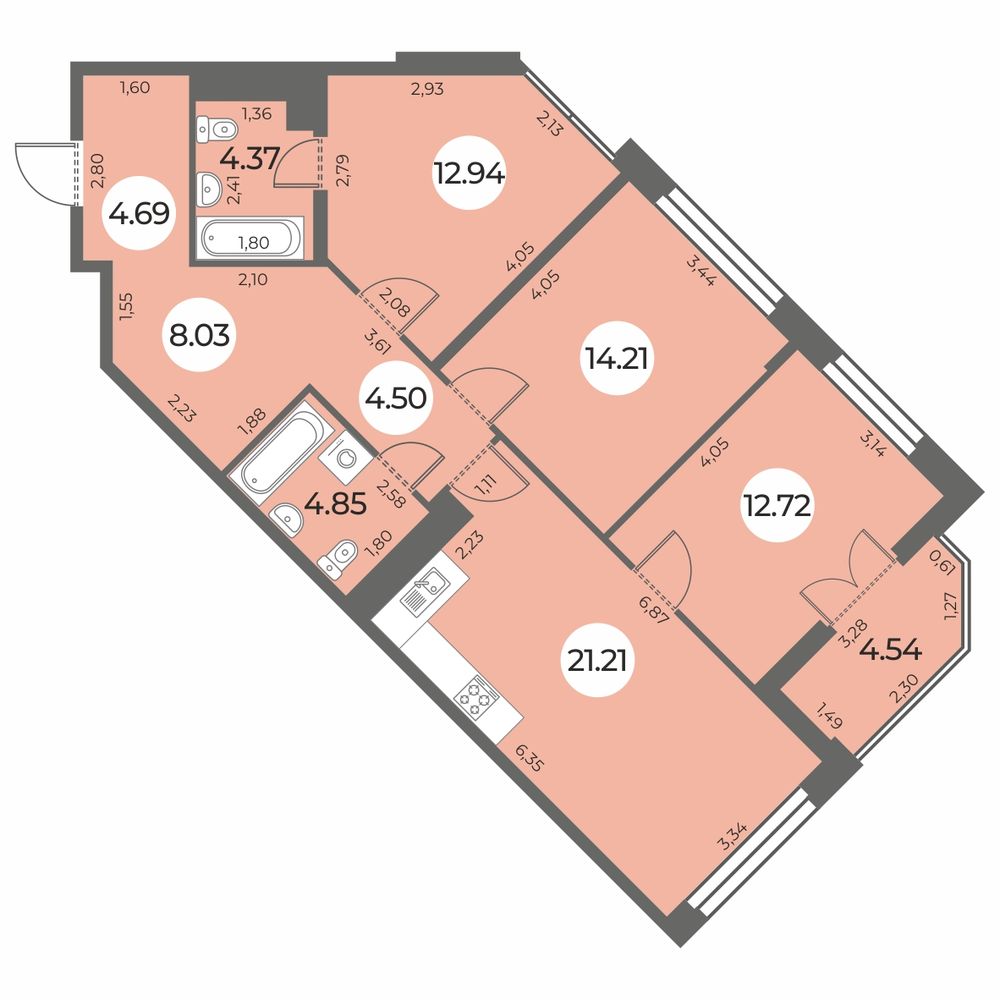 Планировка: 3-комнатная квартира, 89,8 м²