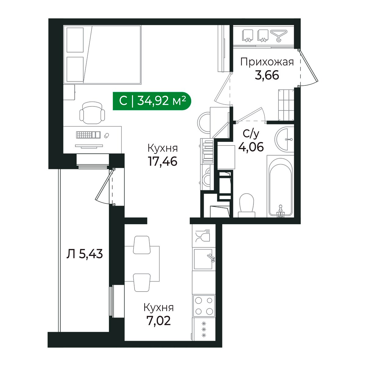 Планировка: студия, 31,9 м²