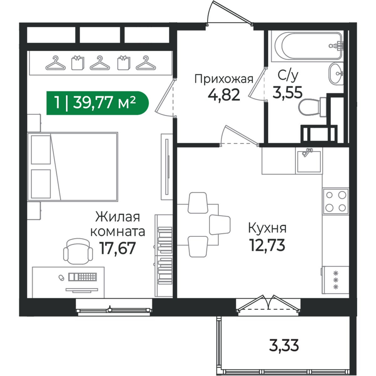 Планировка: 1-комнатная квартира, 39,8 м²