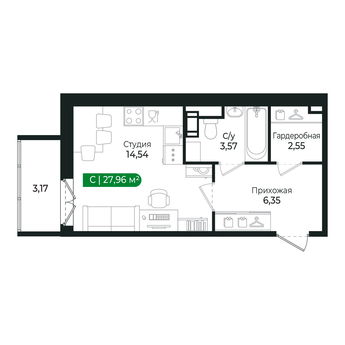 Планировка: студия, 26,8 м²