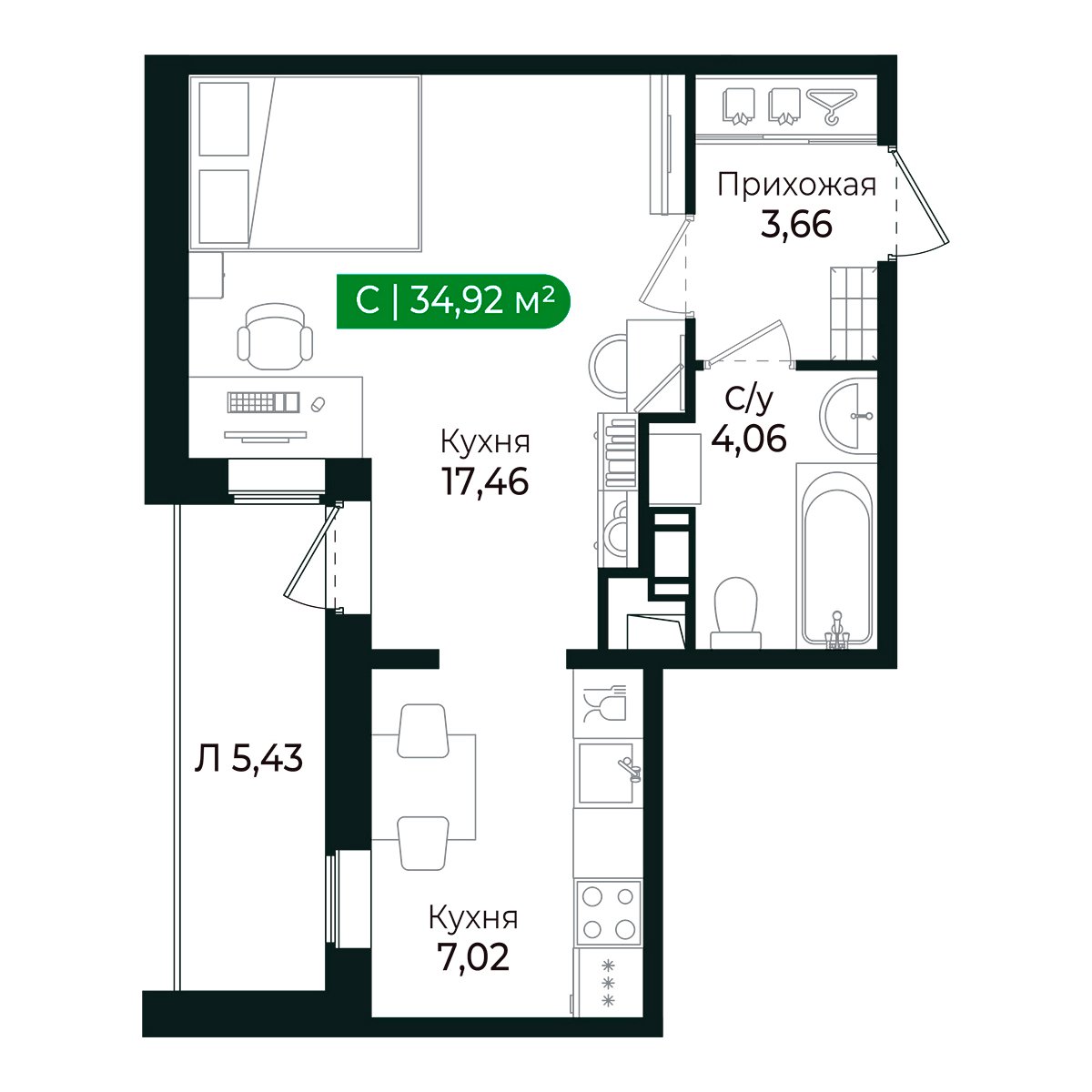 Планировка: студия, 31,6 м²