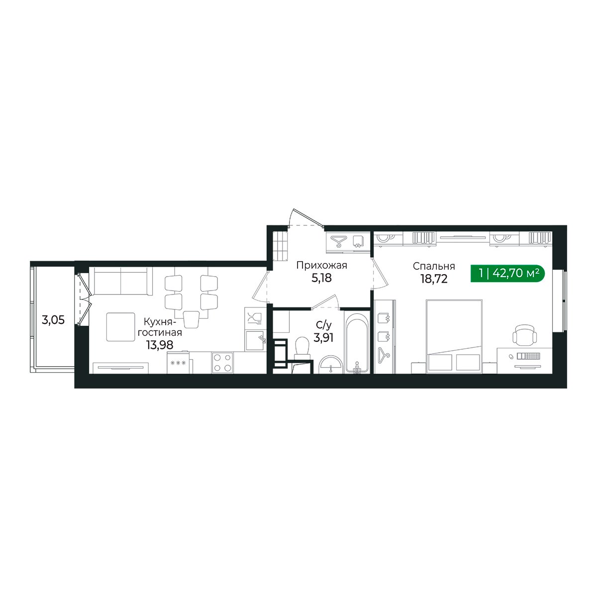 Планировка: 1-комнатная квартира, 41,5 м²