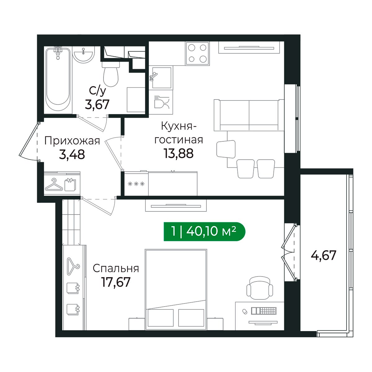 Планировка: 1-комнатная квартира, 38,5 м²