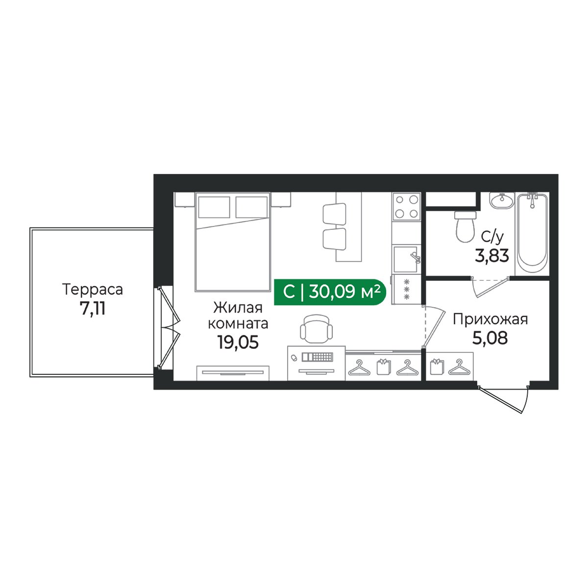 Планировка: студия, 30,1 м²