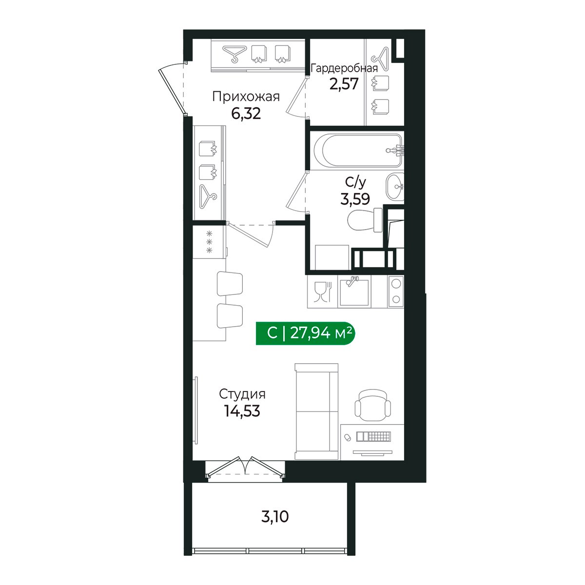Планировка: студия, 27,1 м²