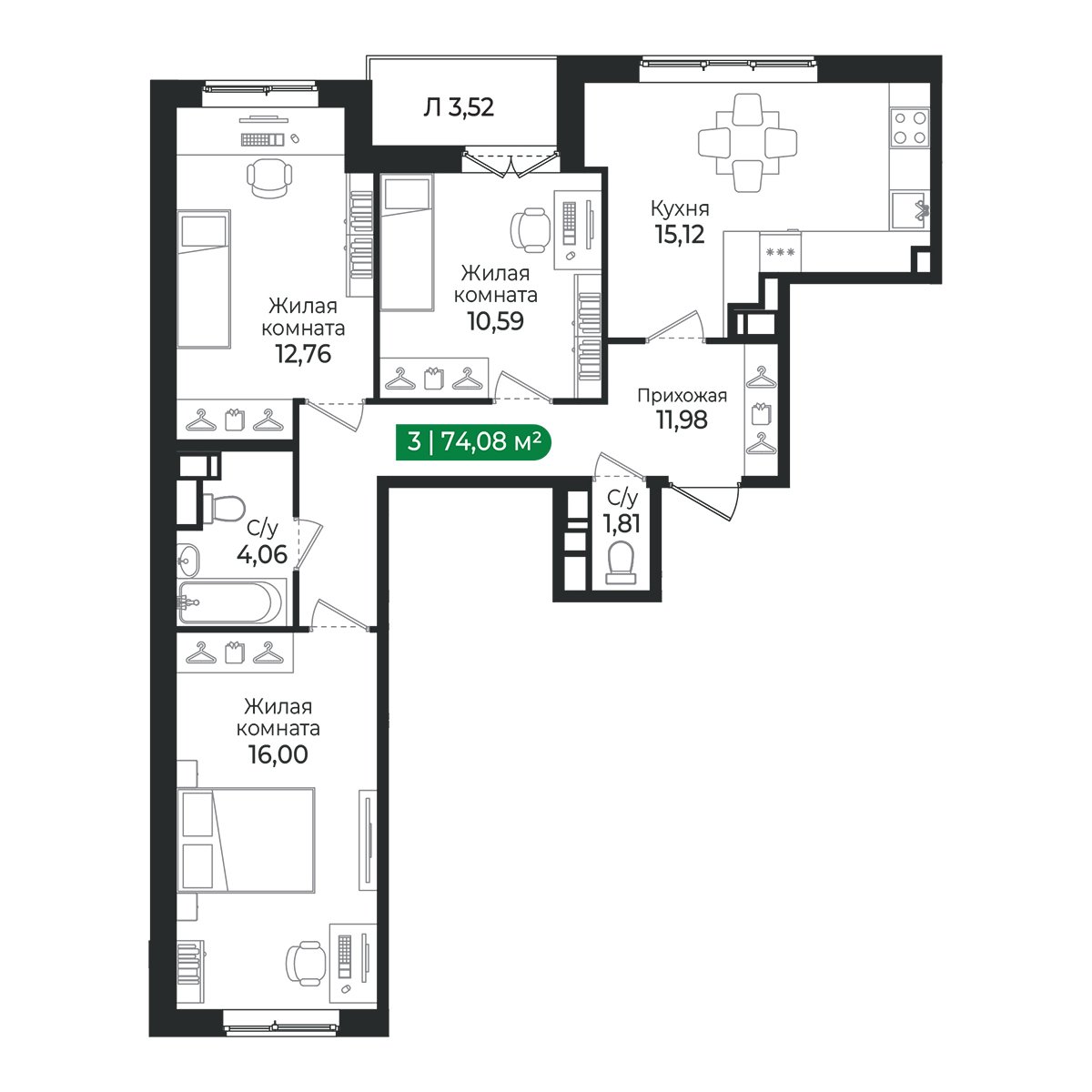 Планировка: 3-комнатная квартира, 74,1 м²