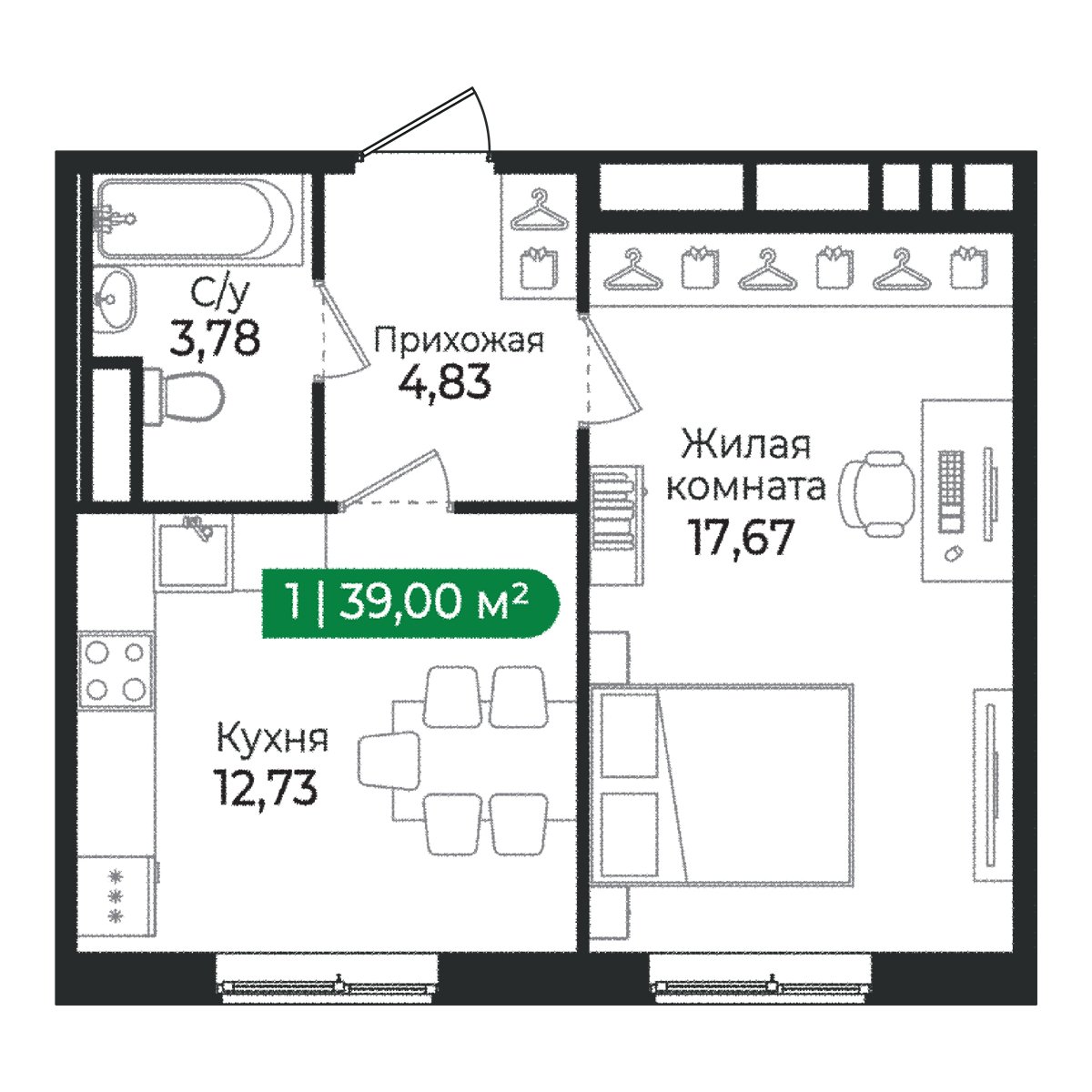 Планировка: 1-комнатная квартира, 39,0 м²