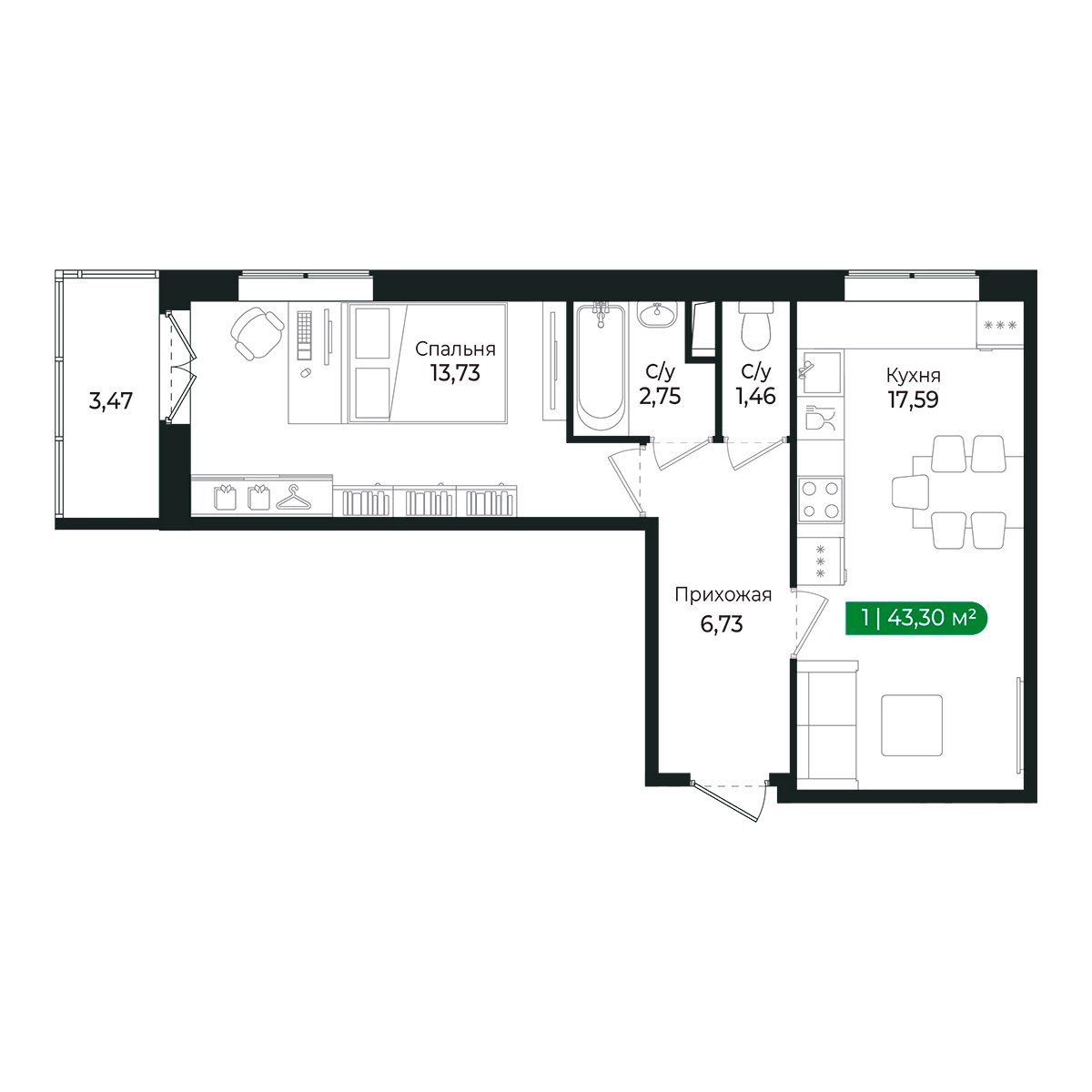Планировка: 1-комнатная квартира, 42,0 м²