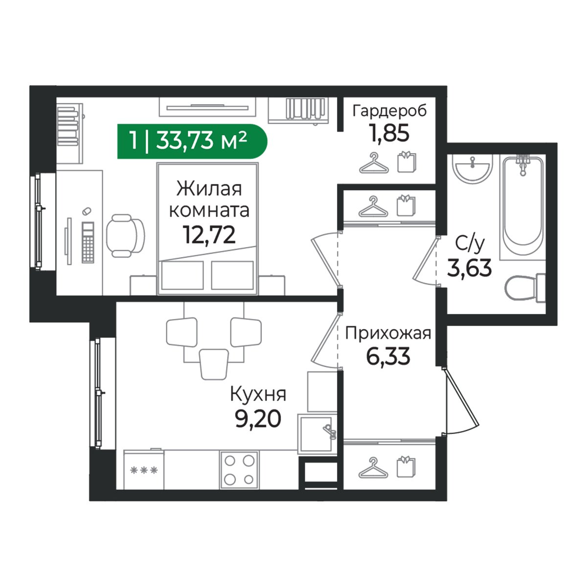 Планировка: 1-комнатная квартира, 33,7 м²