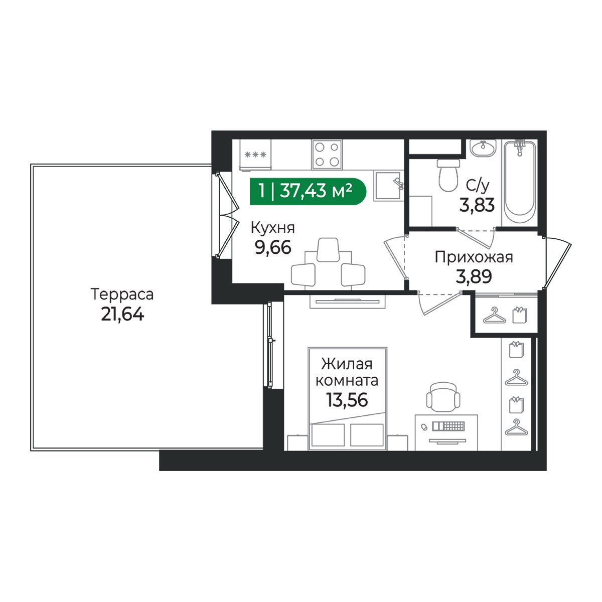 Планировка: 1-комнатная квартира, 37,4 м²