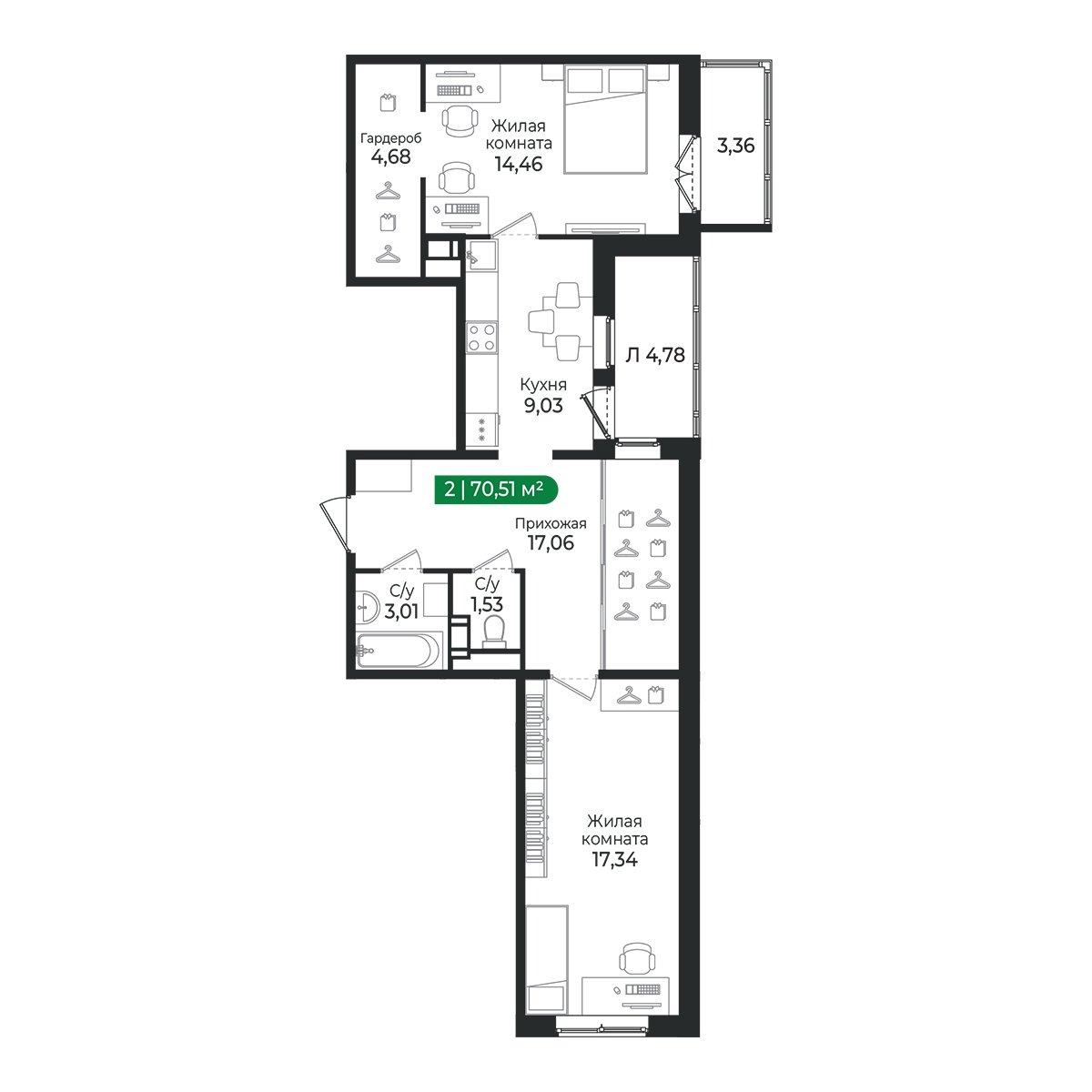 Планировка: 2-комнатная квартира, 70,5 м²