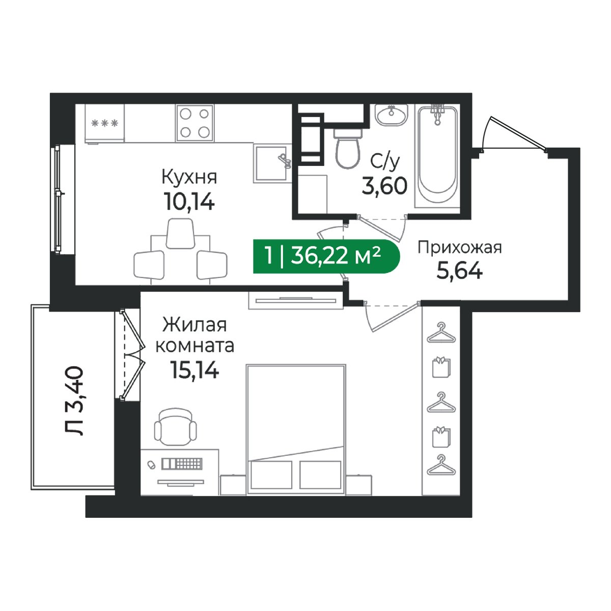 Планировка: 1-комнатная квартира, 36,2 м²