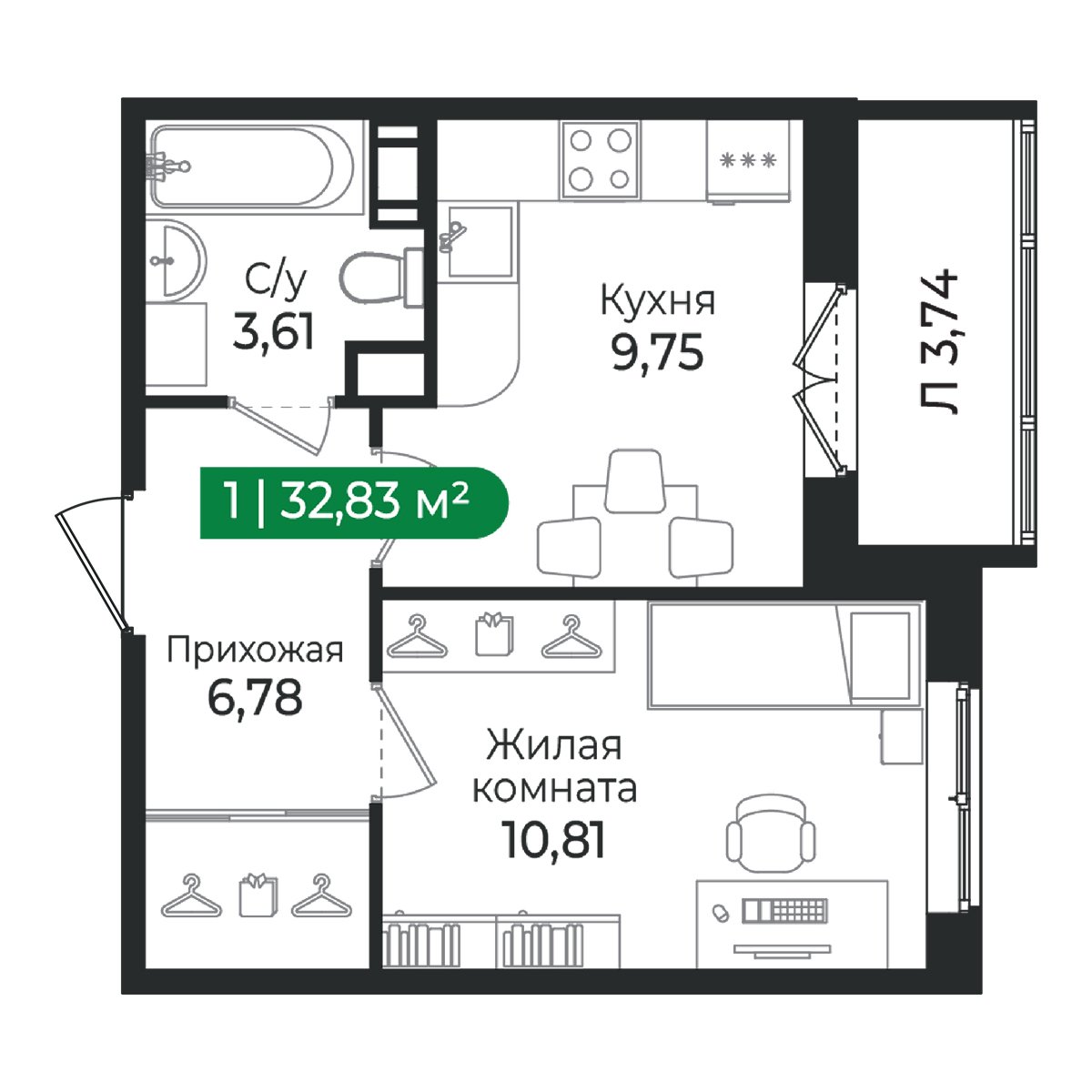 Планировка: 1-комнатная квартира, 32,8 м²