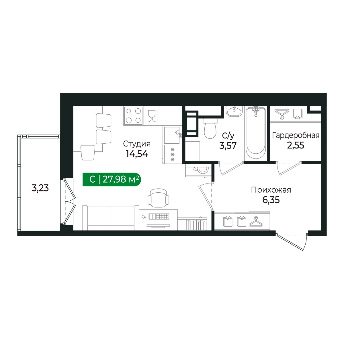 Планировка: студия, 26,7 м²