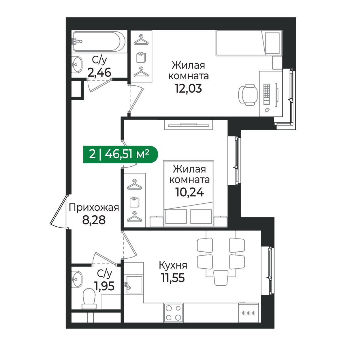 Планировка: 2-комнатная квартира, 46,5 м²