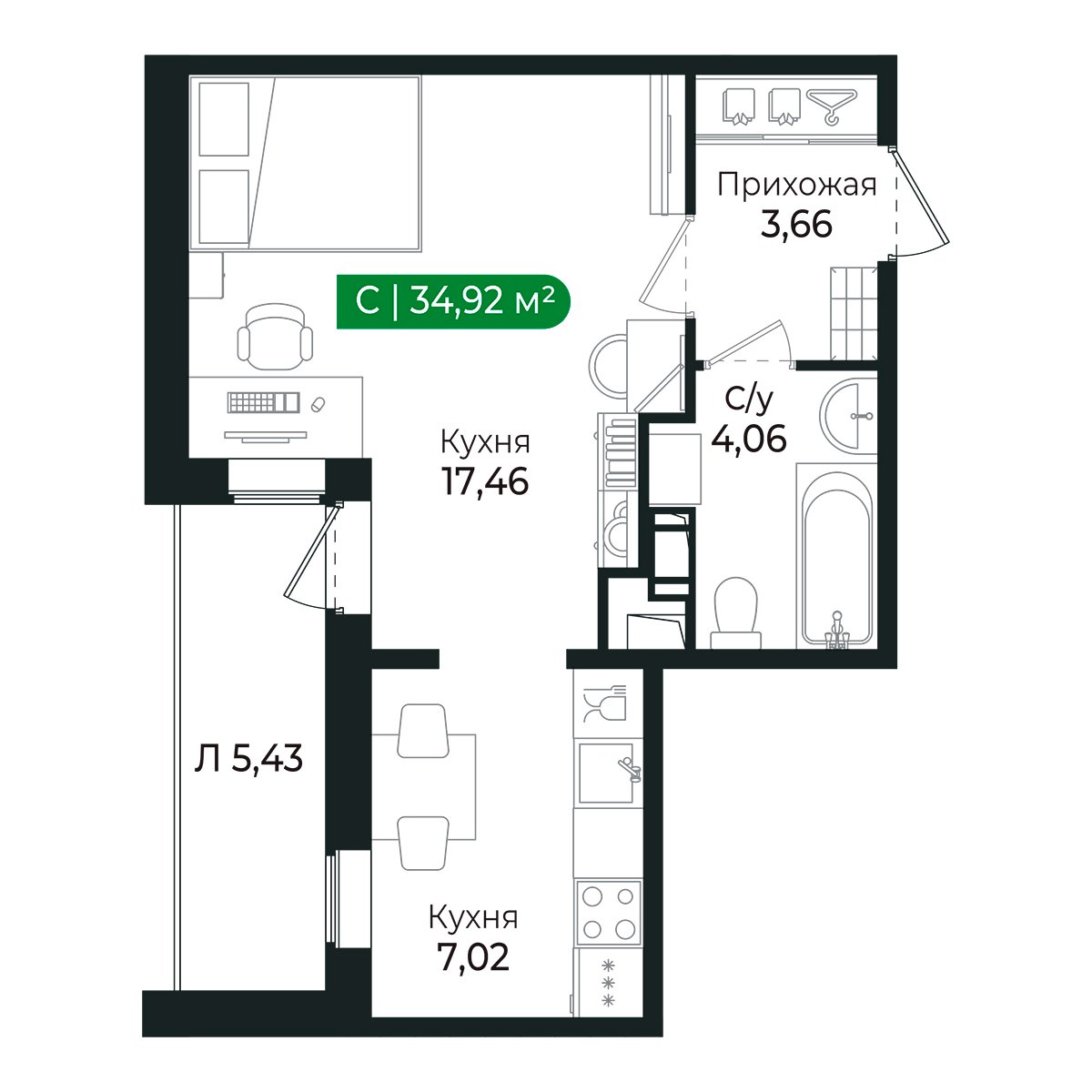 Планировка: студия, 32,0 м²