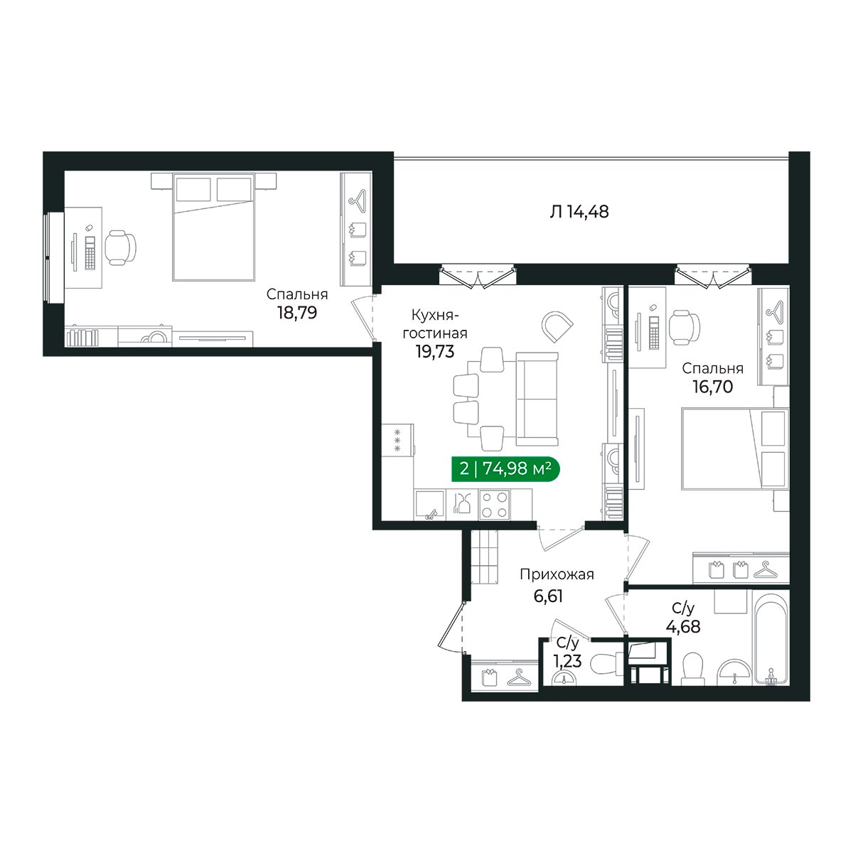 Планировка: 2-комнатная квартира, 66,9 м²