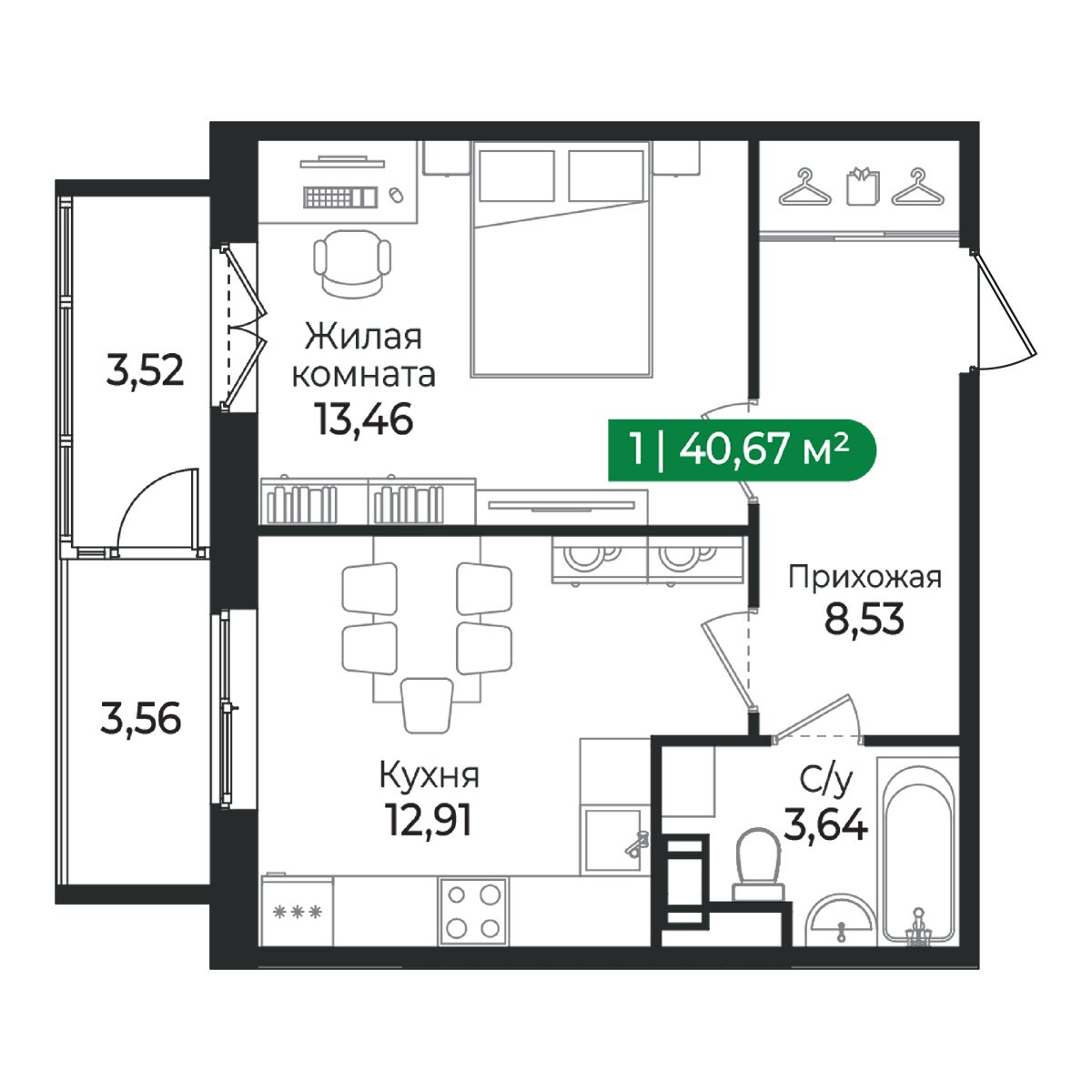Планировка: 1-комнатная квартира, 40,7 м²