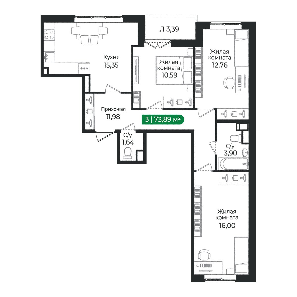 Планировка: 3-комнатная квартира, 73,9 м²
