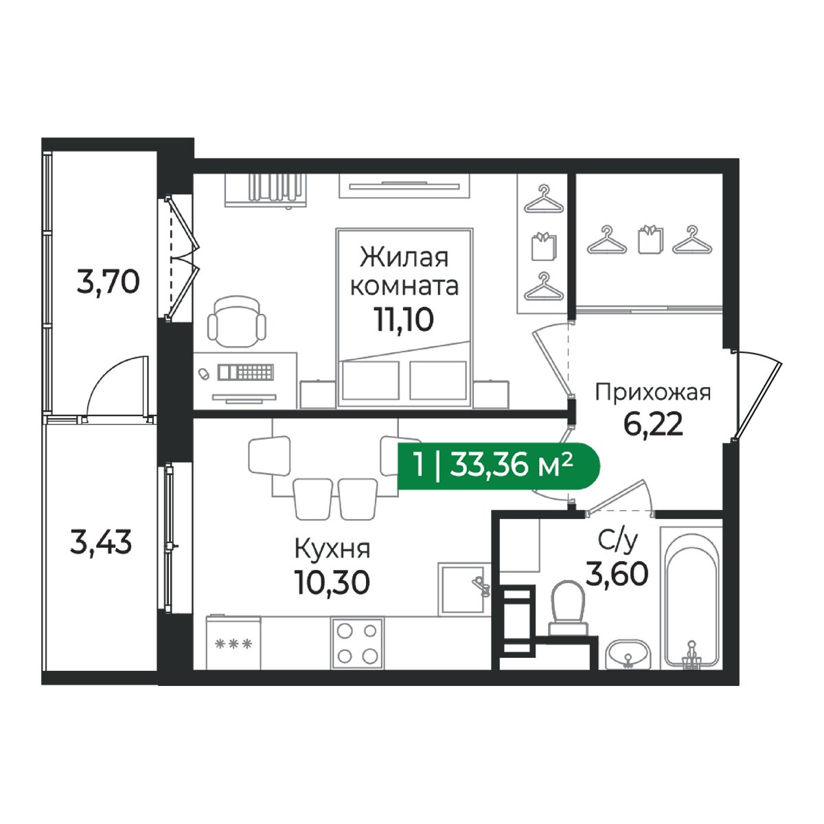 Планировка: 1-комнатная квартира, 33,4 м²