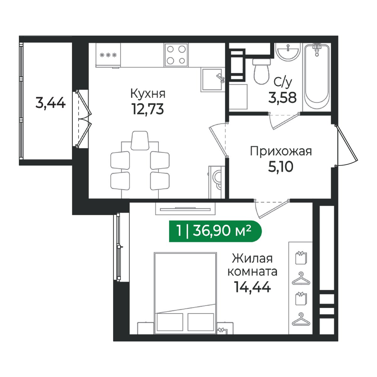 Планировка: 1-комнатная квартира, 36,9 м²