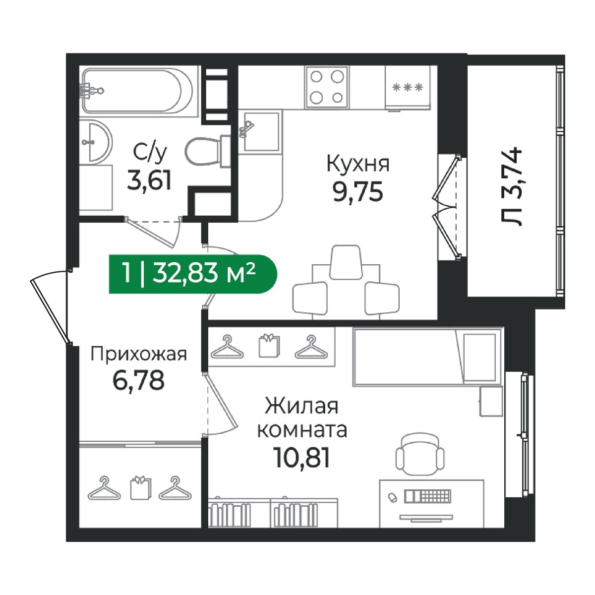 Планировка: 1-комнатная квартира, 32,8 м²