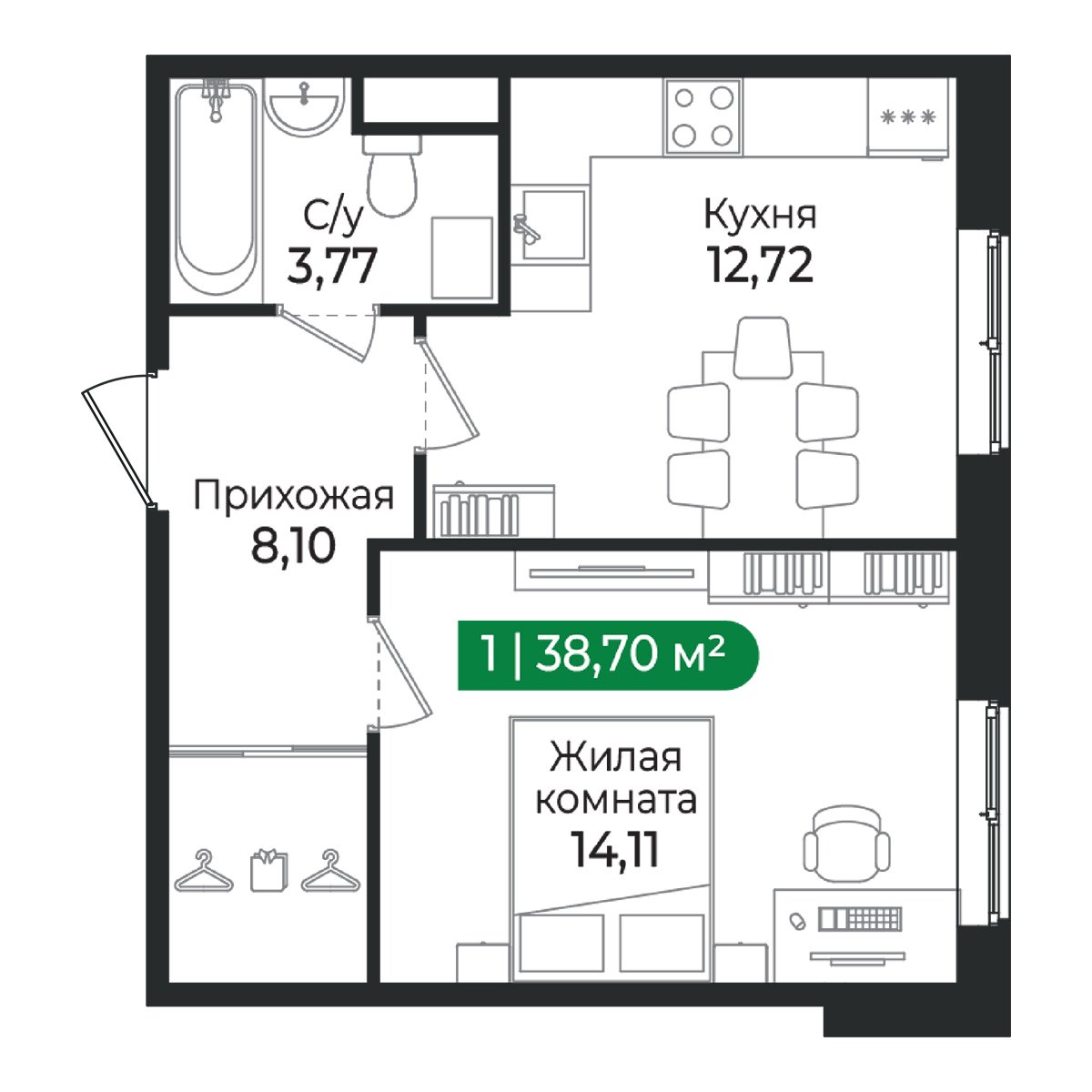 Планировка: 1-комнатная квартира, 38,7 м²