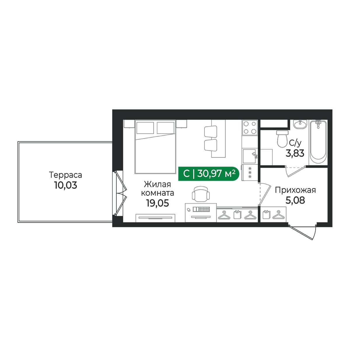 Планировка: студия, 31,0 м²