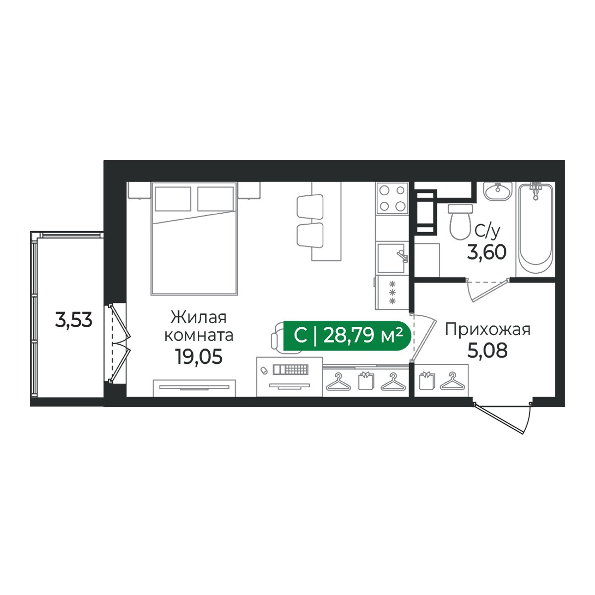 Планировка: студия, 28,8 м²