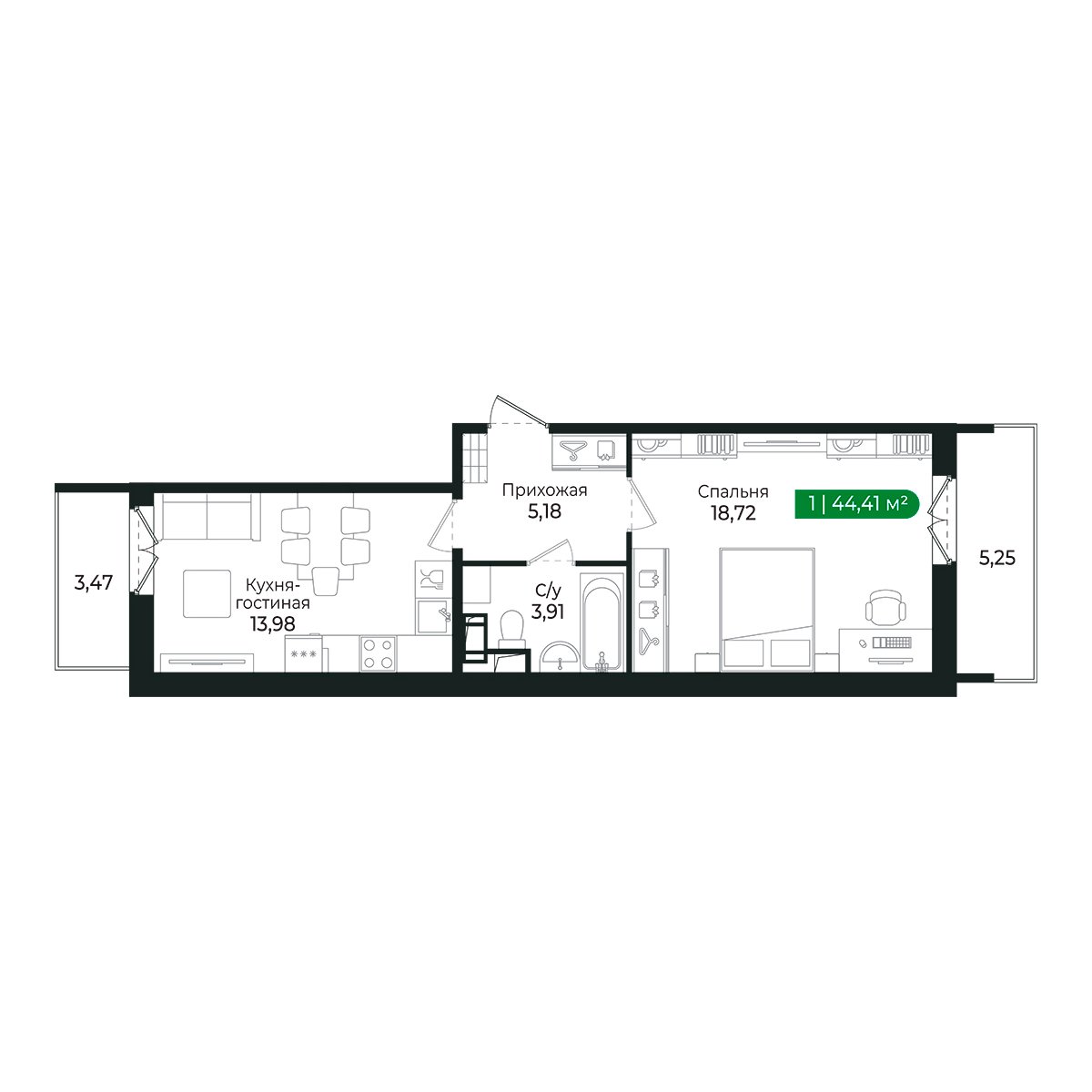 Планировка: 1-комнатная квартира, 41,5 м²