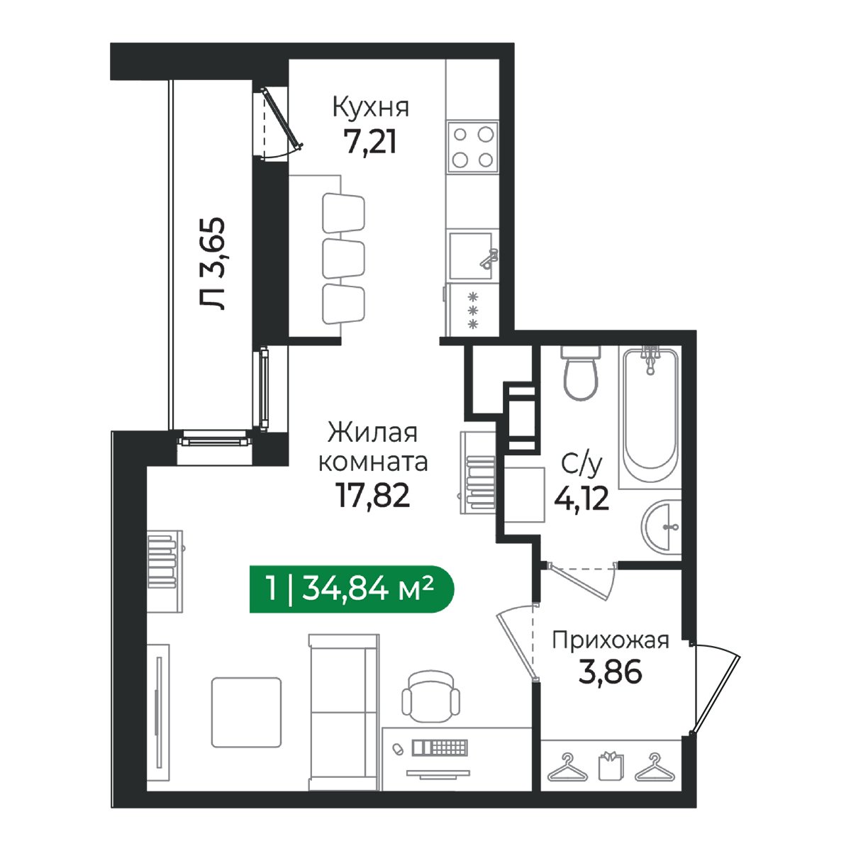 Планировка: 1-комнатная квартира, 34,8 м²