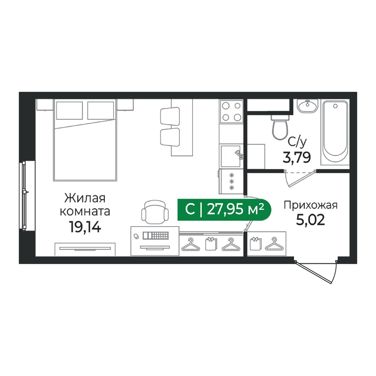 Планировка: студия, 28,0 м²