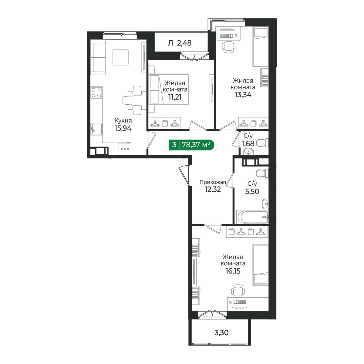 Планировка: 3-комнатная квартира, 78,4 м²